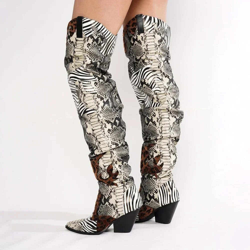 Cape Robbin Women's Animal Print Polyurethane Thigh High Block Heels Cowboy Boot